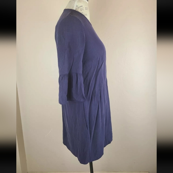 Eileen Fisher navy blue 100% Silk 3/4 bell sleeve shift dress size PP/PTP - Picture 5 of 8